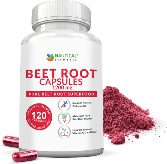 1200mg Nautical Elements Beet Root Capsules - Supports Blood Pressure, Athletic Performance, Digestive & Immune System - Pure, Non-GMO & Gluten Free - 120 Capsules - Espot.com.au