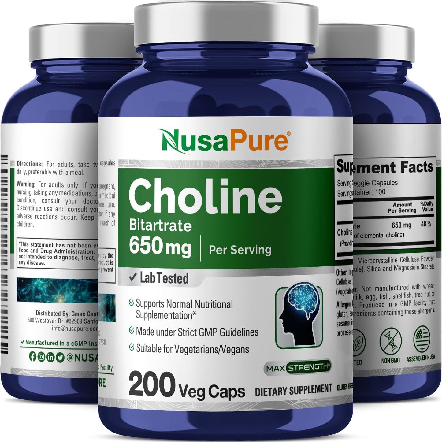 Choline Bitartrate Supplement 650mg - 200 Veg Capsules Vegan, Non-GMO - NusaPure - Espot.com.au