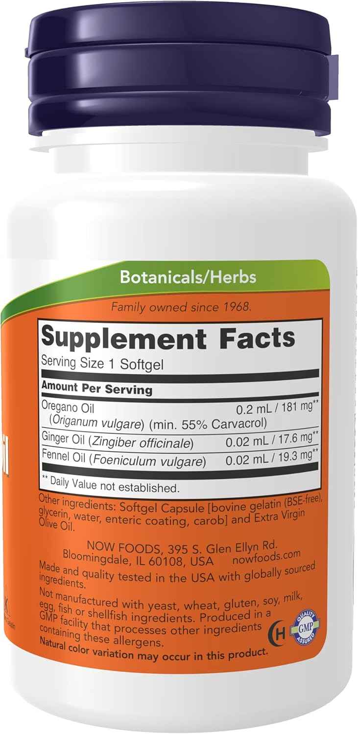 Enteric Coated Oregano Oil Supplement with Ginger and Fennel Oil - 90 Softgels by NOW Foods