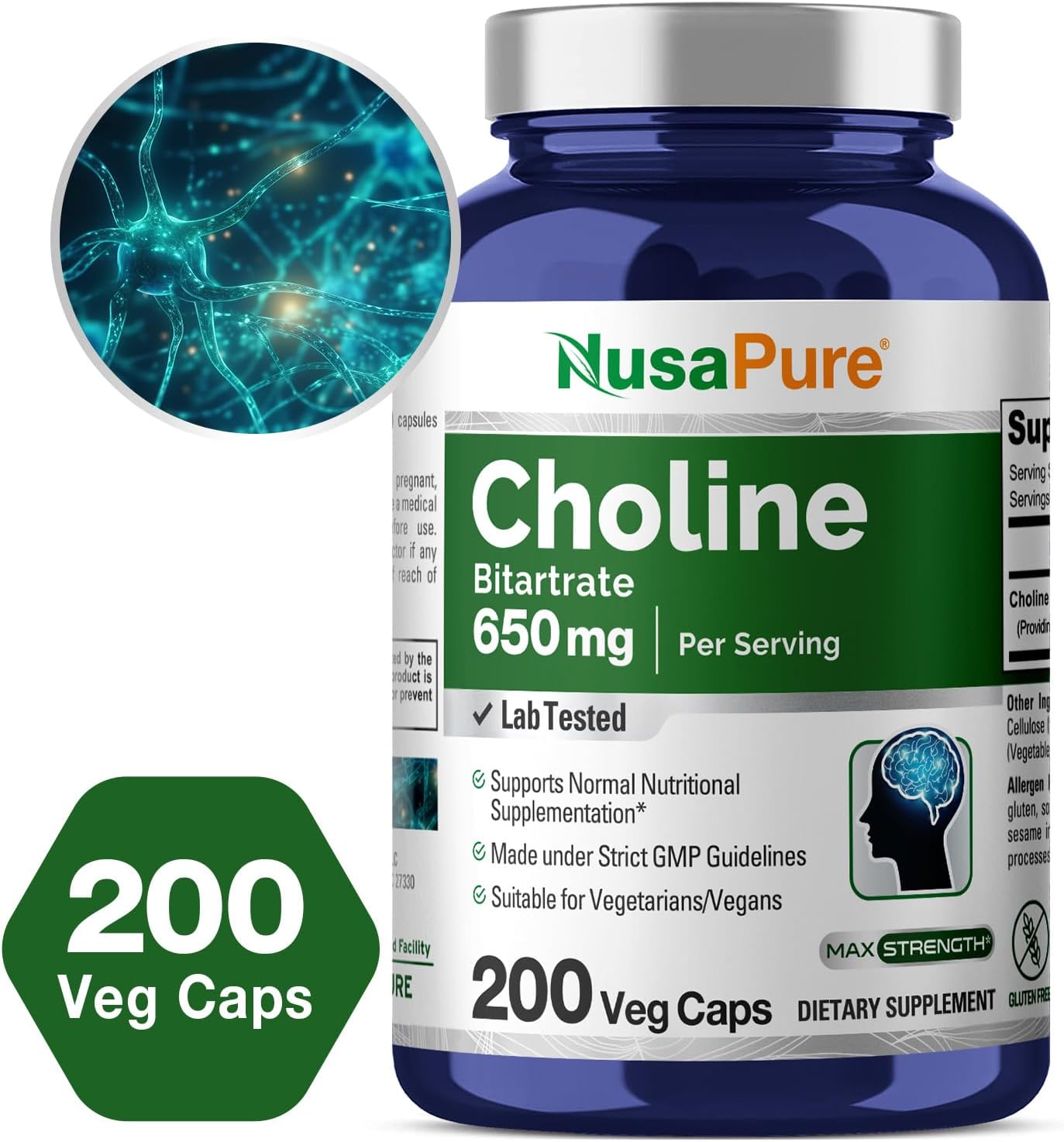 Choline Bitartrate Supplement 650mg - 200 Veg Capsules Vegan, Non-GMO - NusaPure - Espot.com.au