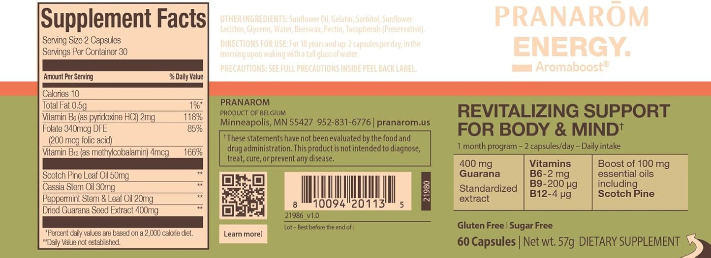 Energy-Boosting Herbal Supplement with Guarana and Pine Essential Oil - 60 Count - Fight Physical and Mental Fatigue - Pranarom Aromaboost Formula - Espot.com.au