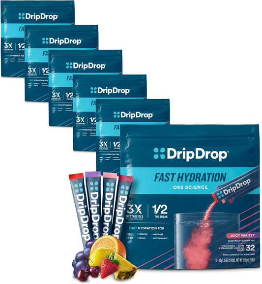 dripdrop-hydration-juicy-variety-pack-electrolyte-drink-mix-powder-packets-192-sticks---grape-fruit-punch-strawberry-lemonade-cherry---non-gmo-gluten-free-vegan-1