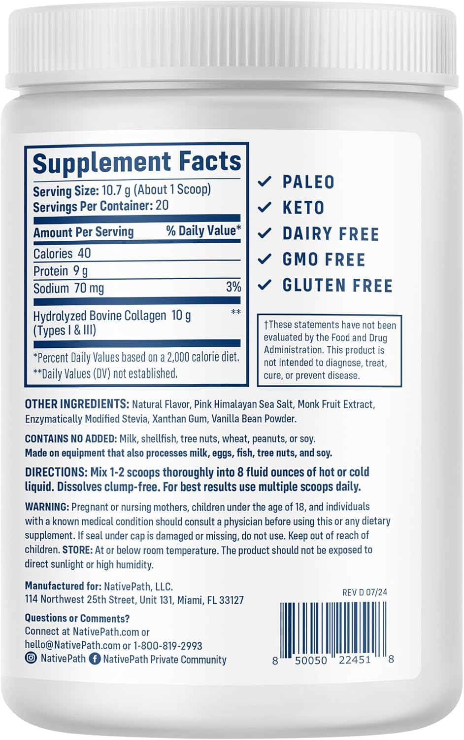 vanilla-bean-collagen-peptides-powder---grass-fed-type-1-3-hydrolyzed-protein-for-hair-skin-nails-bones-joints-digestion---keto-paleo-friendly-gluten-and-dairy-free-214g-3