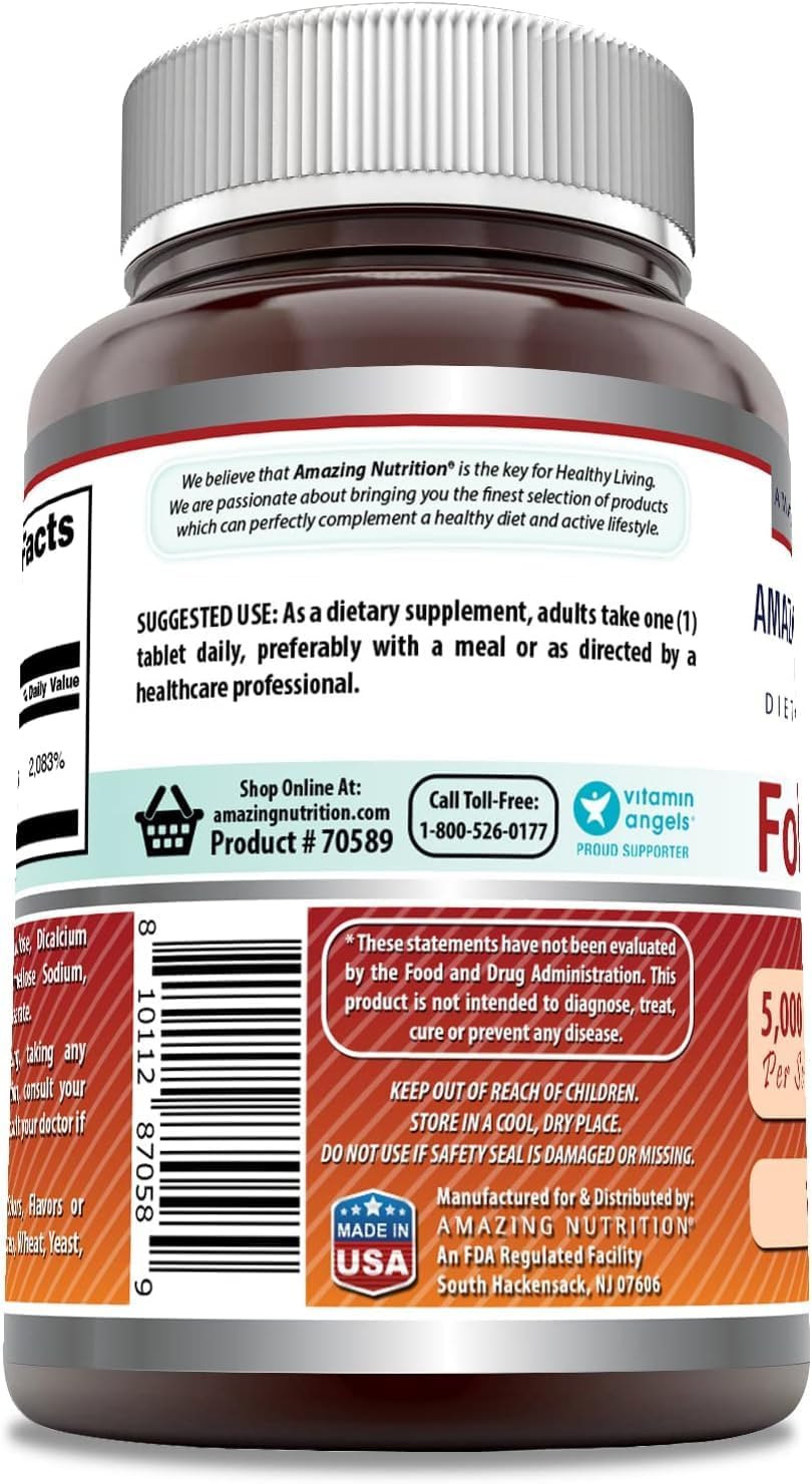 High Potency Folic Acid Supplement 5000 Mcg - 240 Tablets, Non-GMO, Gluten Free - Made in USA - 2 Pack - Espot.com.au