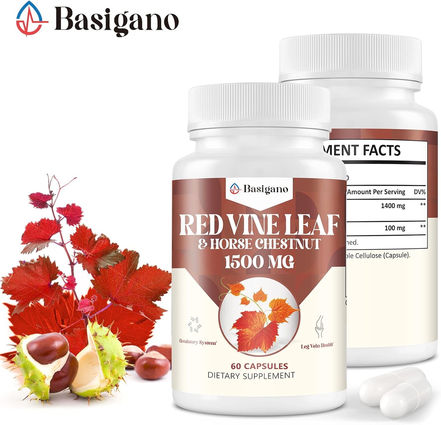 Premium Basigano Red Vine Leaf & Horse Chestnut Extract Capsules - 1500mg Vitis Vinifera Supplement for Healthy Veins, Circulation, Heart, and Skin - Espot.com.au