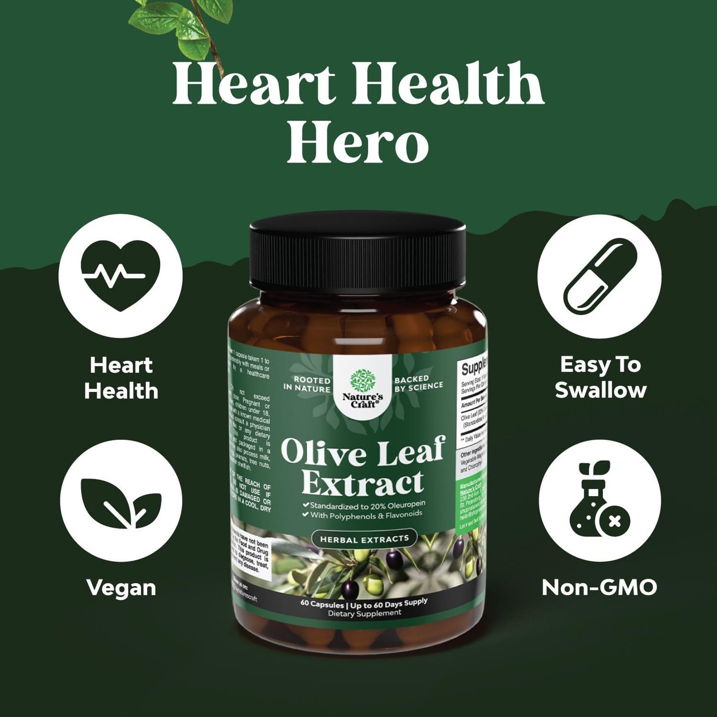 High Potency Olive Leaf Extract Capsules - Natural Antioxidant Supplement with 20% Oleuropein for Heart Health - Vegan, Non-GMO, Gluten Free - 2 Month Supply by Natures Craft - Espot.com.au