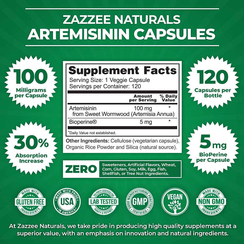 High Absorption Artemisinin Capsules - 100mg, 120 Vegan Capsules with BioPerine - Sweet Wormwood Extract for Maximum Absorption - 4 Month Supply, Non-GMO & All-Natural - Espot.com.au