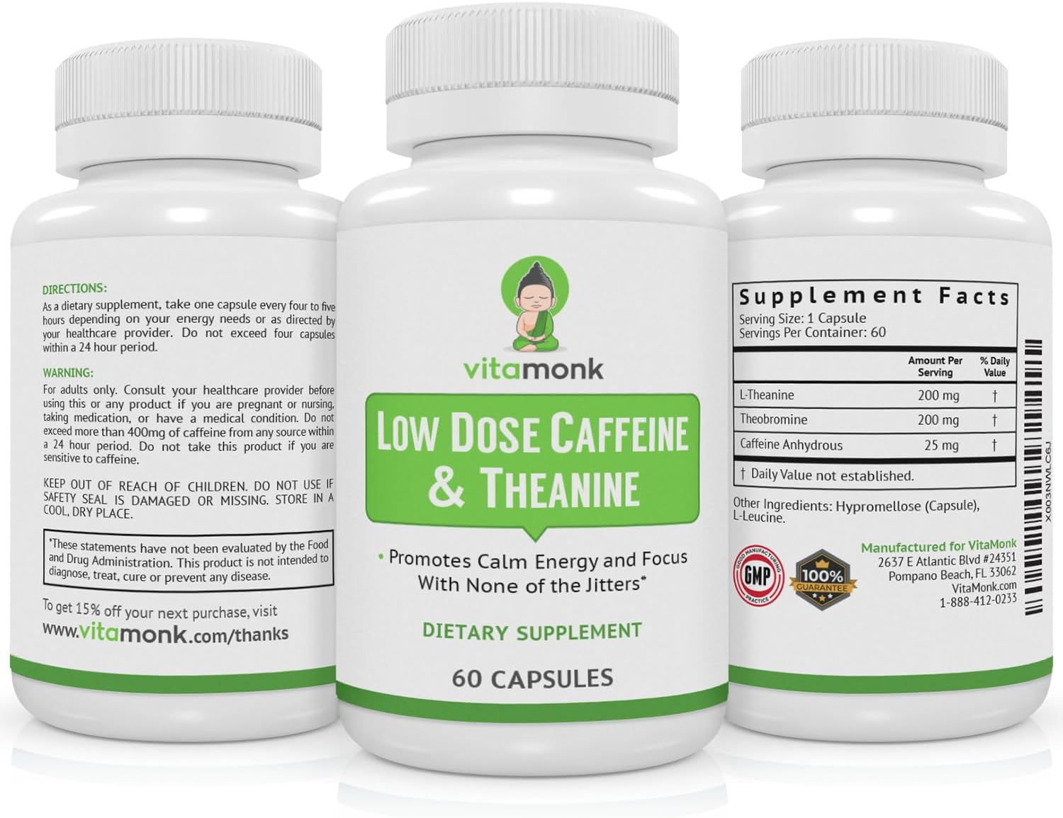 25mg Caffeine Theanine Pills - Smooth Energy Boost, No Jitters, No Crash - Microdose Caffeine L Theanine Capsules - 60 Count - Espot.com.au