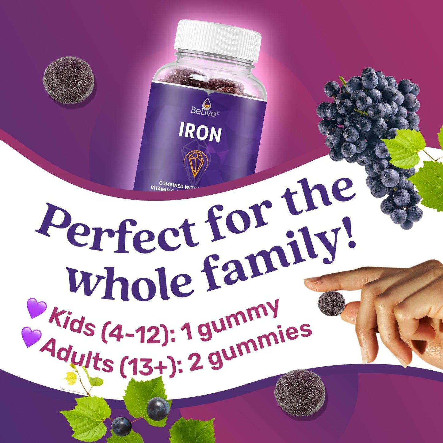 Iron Gummies with Multivitamins & Zinc - Grape Flavored Vegan Supplement for Blood Oxygen Support - Ideal for Women, Men & Kids of All Ages - Espot.com.au