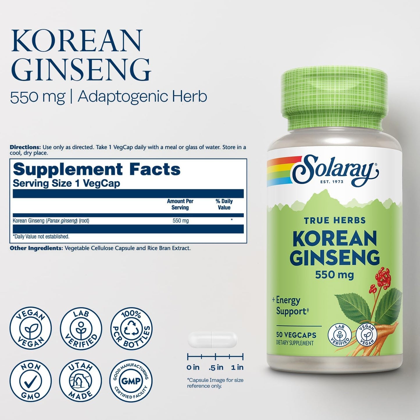 Solaray Korean Ginseng Root 550mg Capsules - Natural Stress Relief, Energy Boost & Endurance Support - Non-GMO, Vegan Formula - Lab Verified - 50 Servings, 50 VegCaps - Espot.com.au