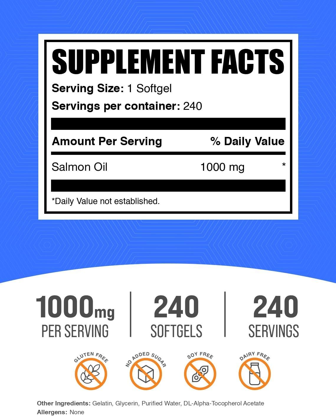 Wild Alaskan Salmon Oil Softgels - Omega 3 Supplement, Gluten Free, 1000mg, 1 Softgel per Serving, 240 Softgels - Espot.com.au