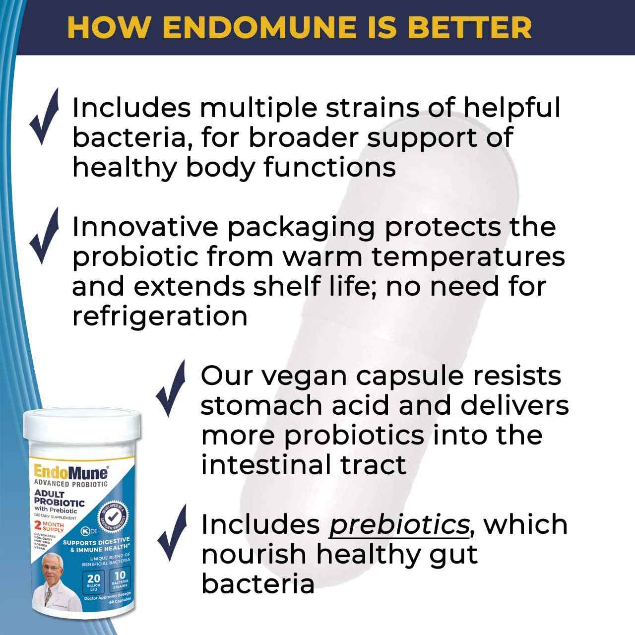 Physician Formulated Endomune Advanced Adult Probiotic with Prebiotic | 10 Strains, 30 Billion CFU | 60-Count Bottle