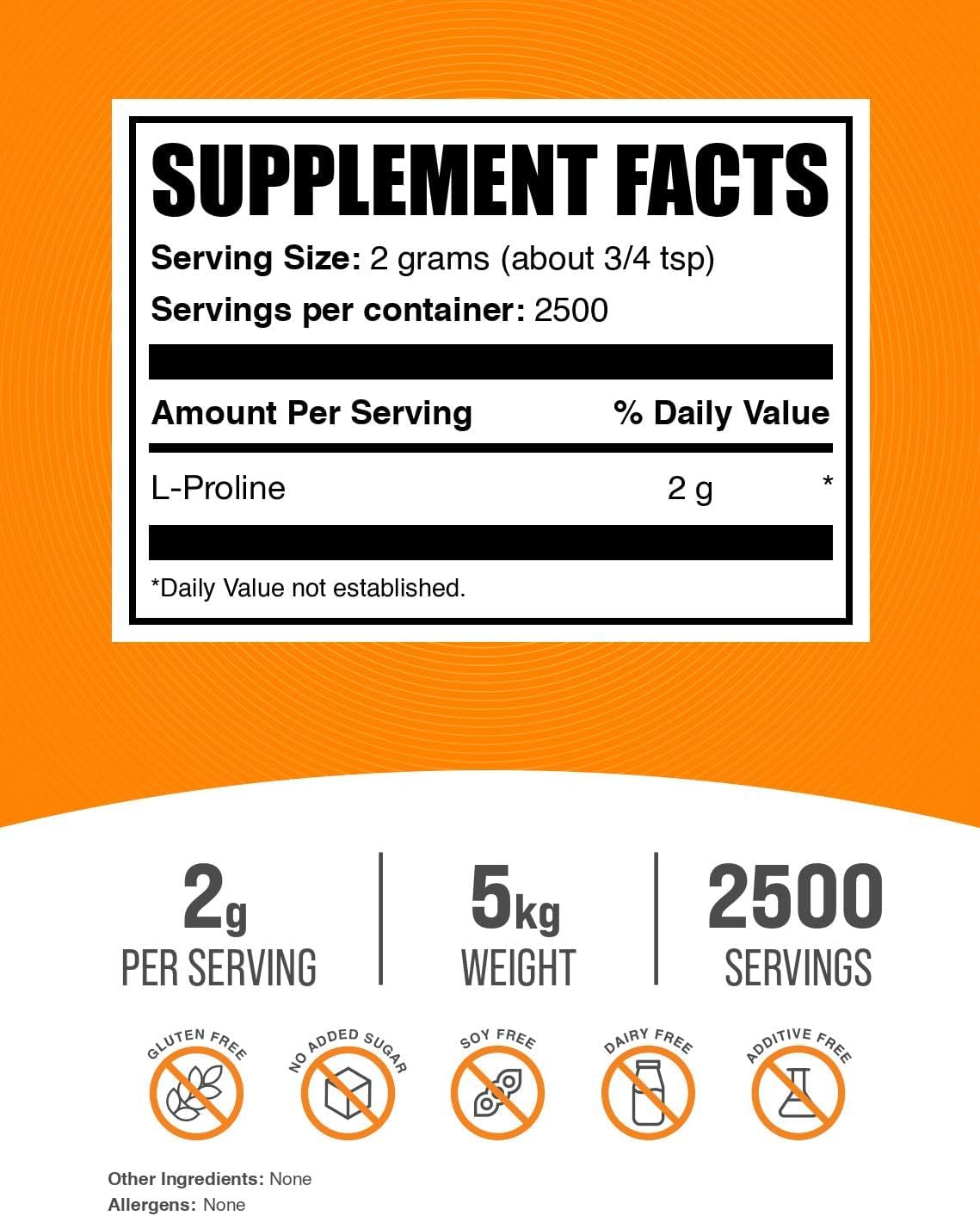 bulksupplements-l-proline-powder---5kg-11-lbs-unflavored-amino-acid-supplement---2500-servings-2000mg-per-serving---gluten-free-pack-of-5-2