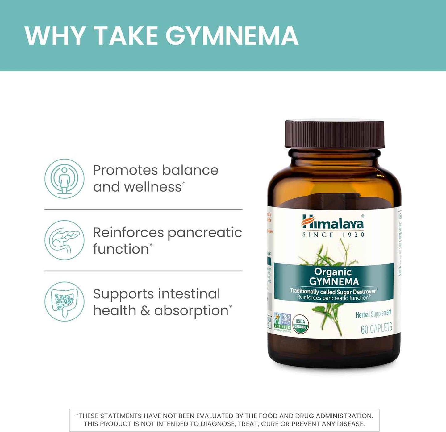 Organic Gymnema Herbal Supplement - USDA Certified, Non-GMO, 700mg, 60 Plant-Based Caplets, 30 Day Supply by Himalaya