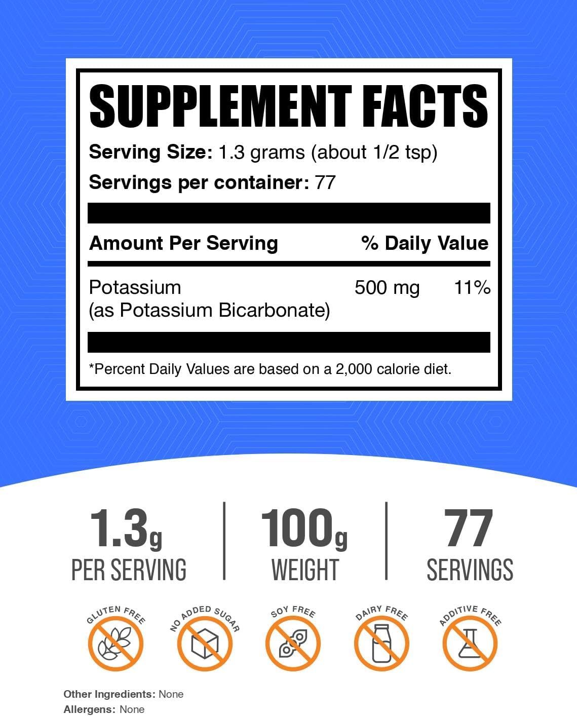 Potassium Bicarbonate Powder 100g - Food Grade Supplement with 1300mg per Serving - Pack of 1, 500mg Potassium - BulkSupplements.com - Espot.com.au