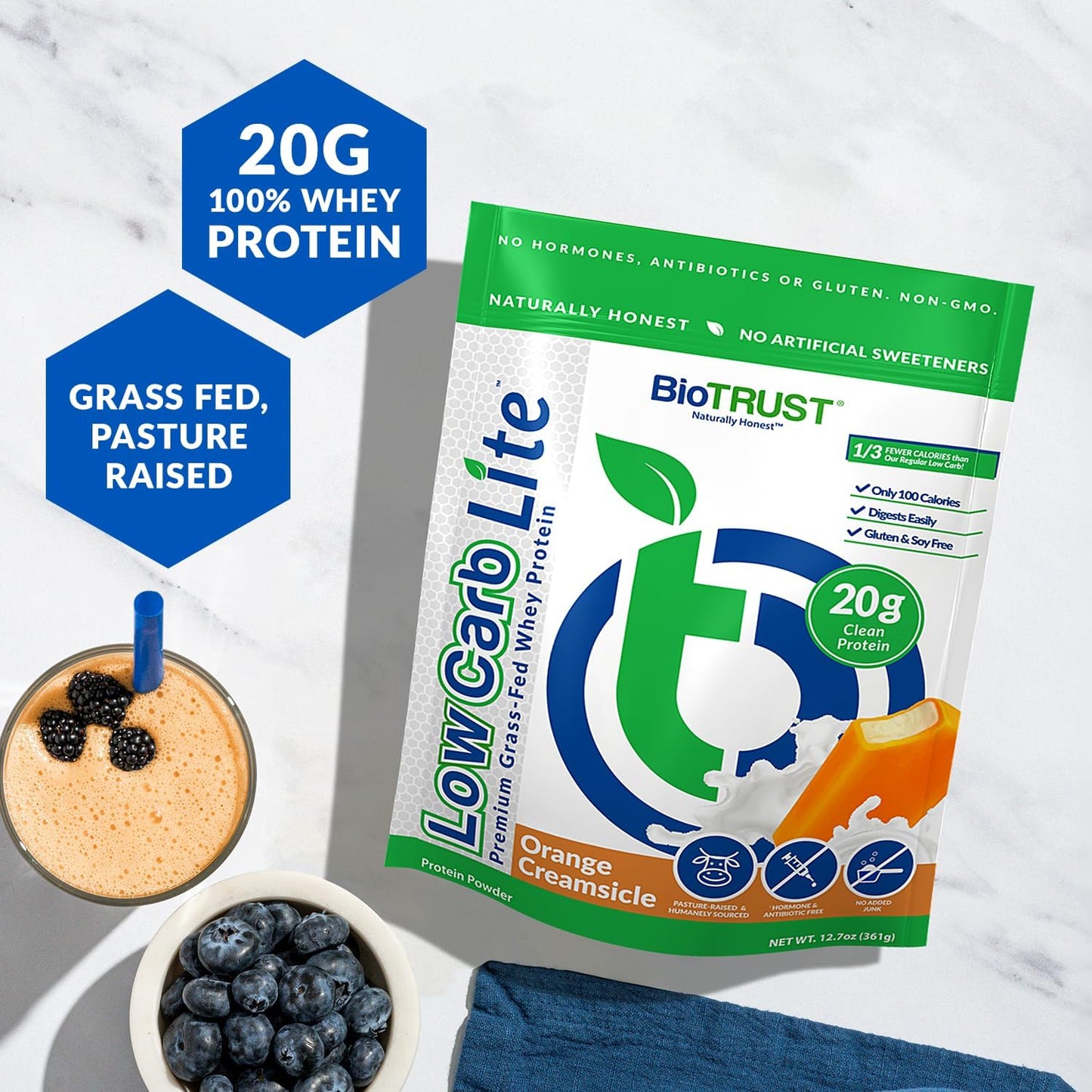 BioTrust Low Carb Lite Orange Cream Protein Shake - 20g Grass-Fed Whey, 100 Calories, ProHydrolase Enzymes, Non-GMO, Soy & Gluten-Free, rBGH-Free - 14 Servings - Espot.com.au