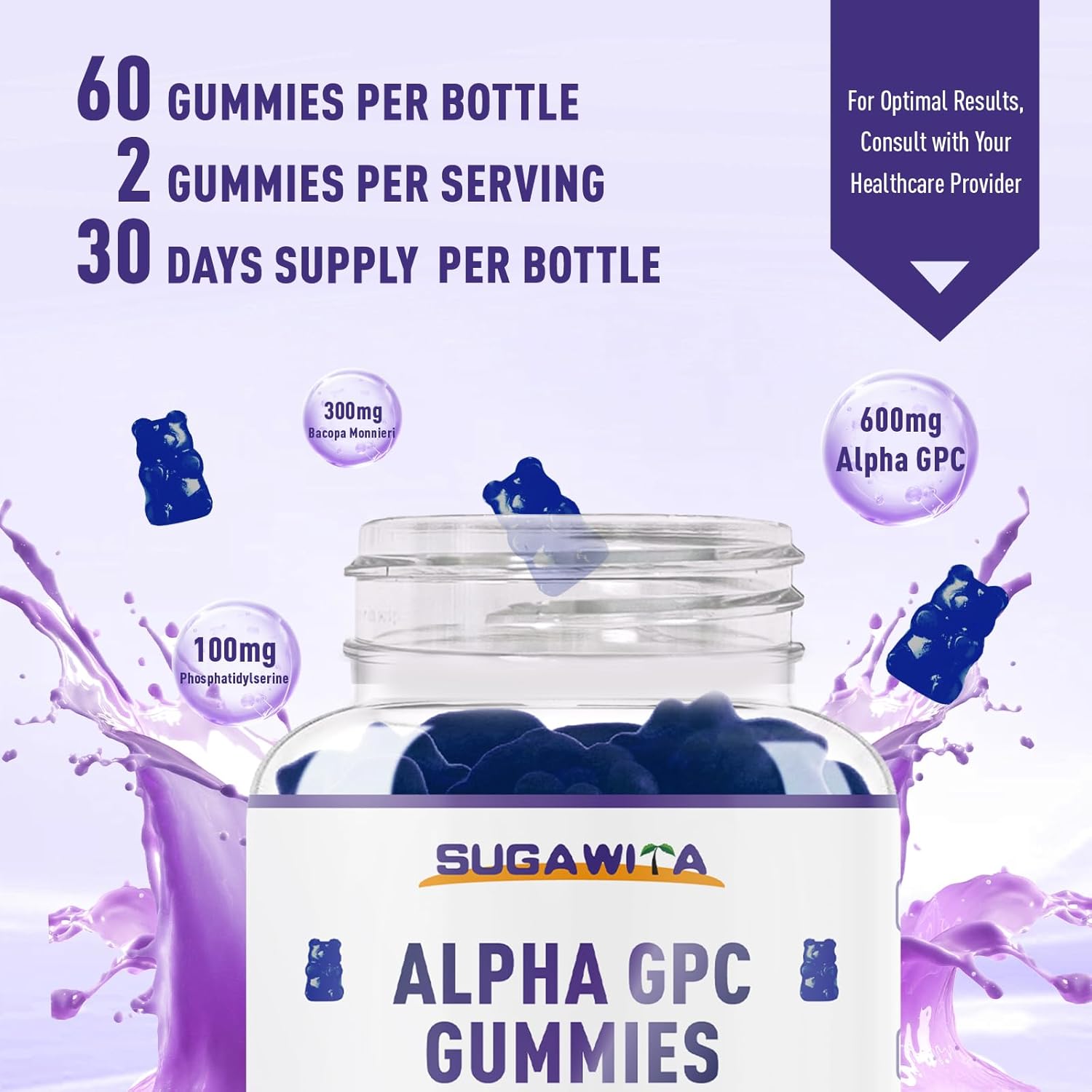 Alpha GPC & Phosphatidylserine Gummies - Brain Supplement for Memory & Focus - 600mg Chewable with Bacopa - Sugar Free - 120 Count - Espot.com.au