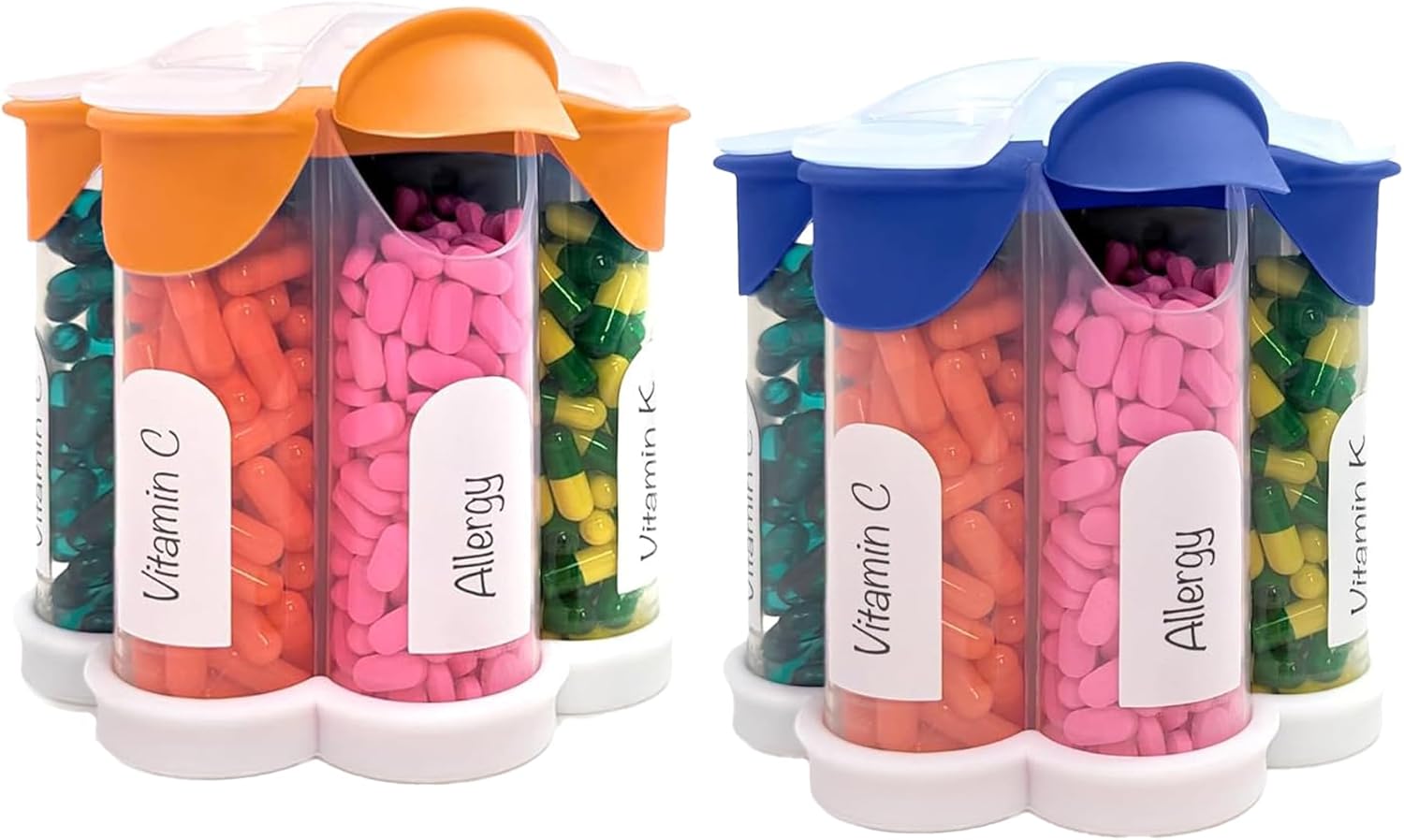 xl-pill-organizer-with-cute-blossom-design---daily-weekly-monthly-supplement-bottle-with-7-compartments---2-pack-combo-in-dark-blue-and-orange-1