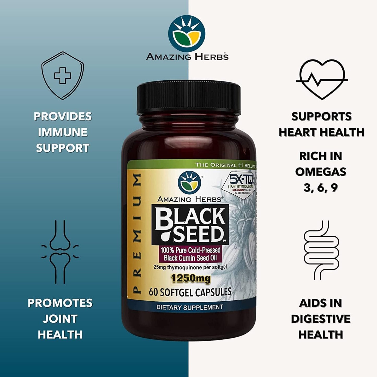 Premium Black Seed Oil Capsules - 60 Count, 1250mg - Cold Pressed Nigella Sativa for Digestive Health, Immune Support & Brain Function - Pack of 2 - Espot.com.au
