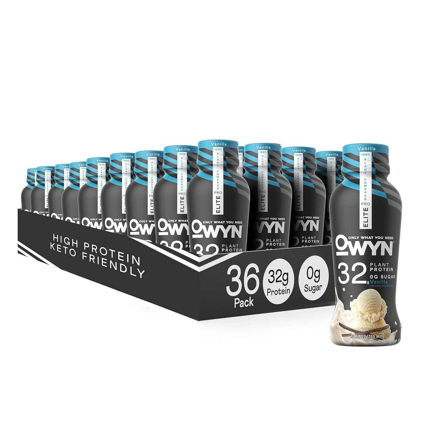 OWYN Pro Elite Vegan High Protein Keto Shake - Vanilla Flavor, 32g Protein, 9 Amino Acids, Omega-3, Prebiotics, Workout & Recovery, 0g Net Carbs, 0 Sugar - 12 Fl Oz (Pack of 36) - Espot.com.au