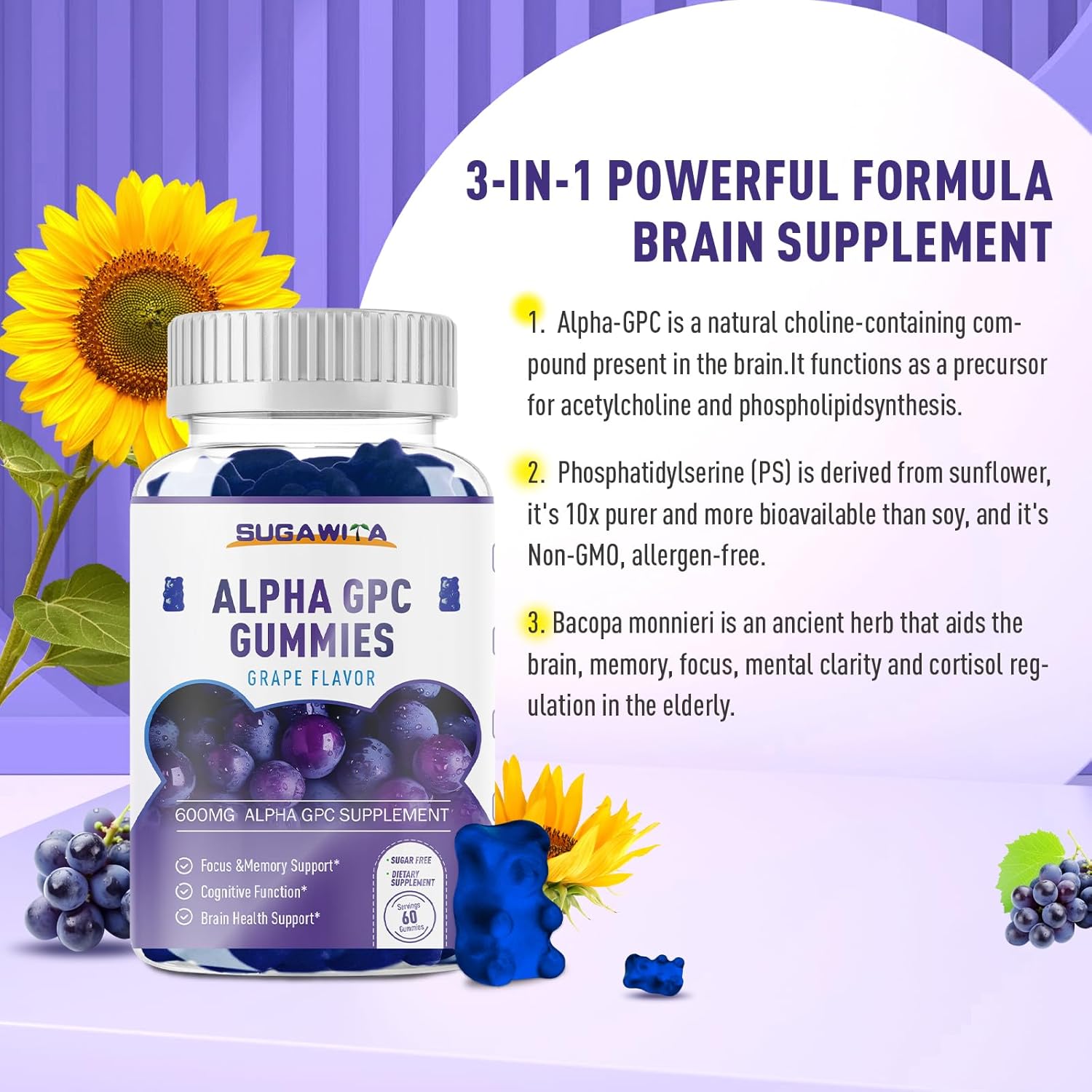 Alpha GPC & Phosphatidylserine Gummies - Brain Supplement for Memory & Focus - 600mg Chewable with Bacopa - Sugar Free - 120 Count - Espot.com.au