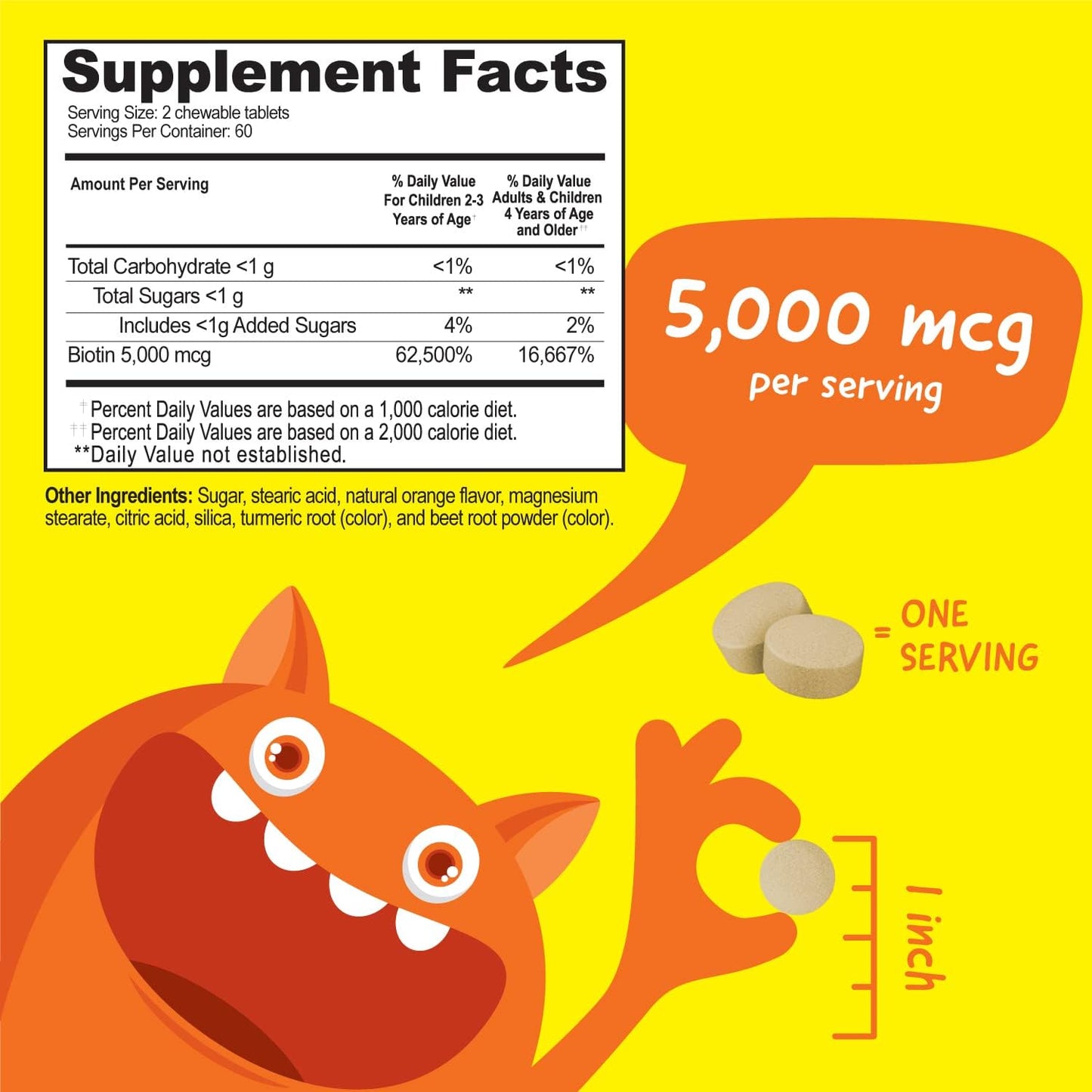 VitaWorks Kids Biotin 5000mcg Chewable Tablets - Vegan Hair Vitamins for Kids - Promotes Hair Growth, Skin & Nail Health - Tasty Biotin Supplement - 120 Chewables - Espot.com.au