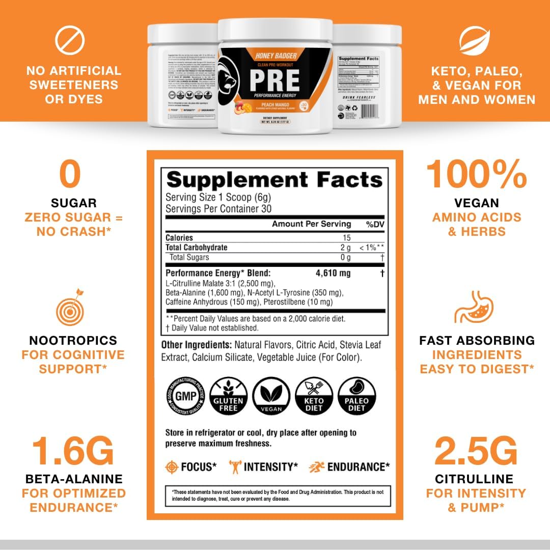 peach-mango-honey-badger-pre-workout-powder---keto-vegan-energy-supplement-for-men-women-with-beta-alanine-caffeine---30-servings-5
