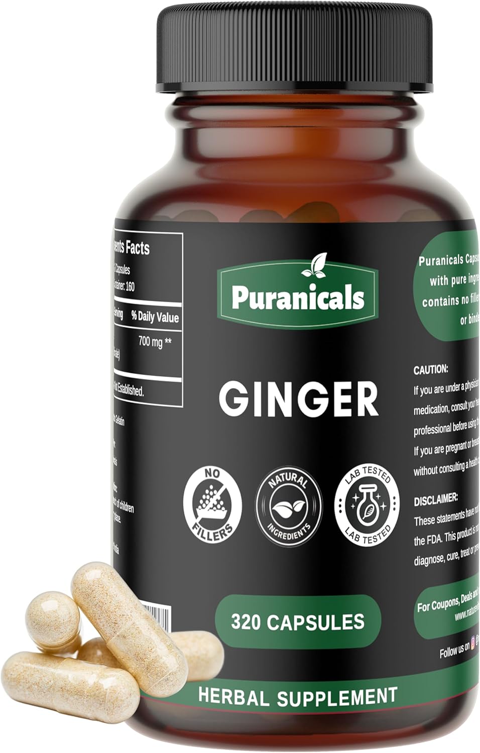 Ginger Root Powder Capsules - 320 Count | Non GMO & Gluten Free | 700mg Per Serving | Herbal Supplement made with Pure Ginger - Espot.com.au