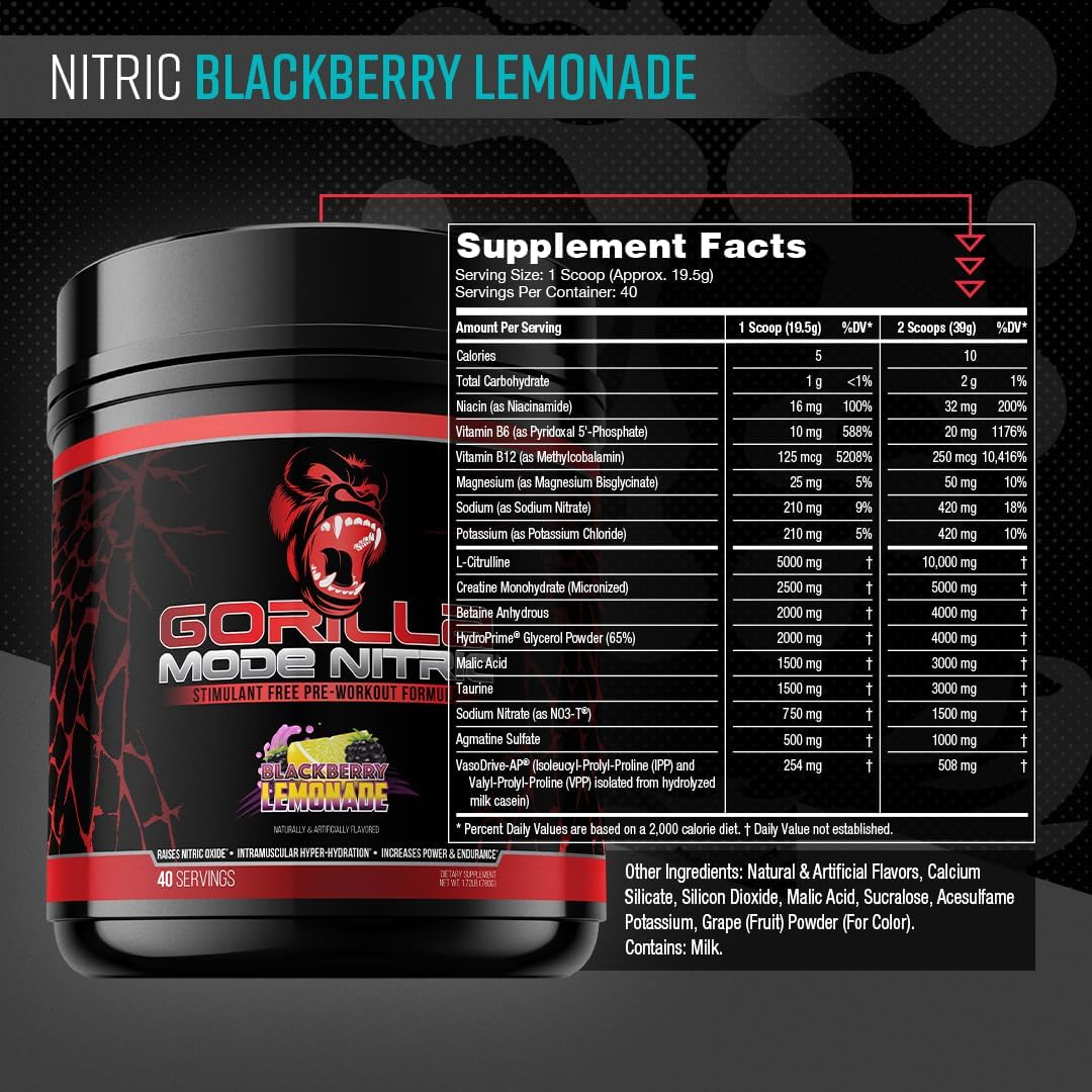 gorilla-mind-nitric-upgraded-stimulant-free-pre-workout---blackberry-lemonade-flavor---enhanced-vasodilation-and-power-for-massive-pumps---780g-2