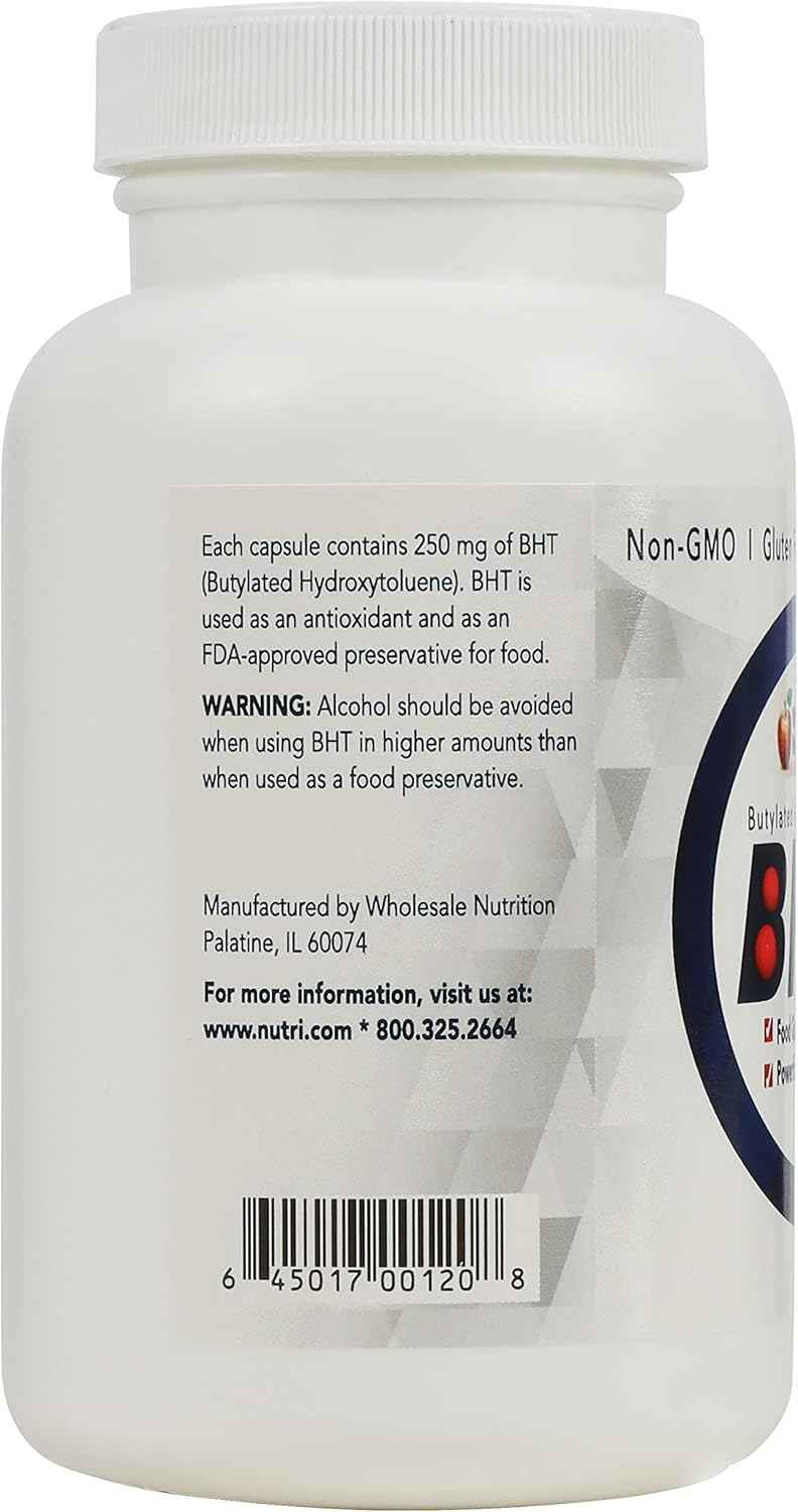 BHT 250mg Wholesale Nutrition - 180 Capsules, Antioxidant Support, Food Grade Preservative, Non-GMO, Gluten-Free - Made in USA