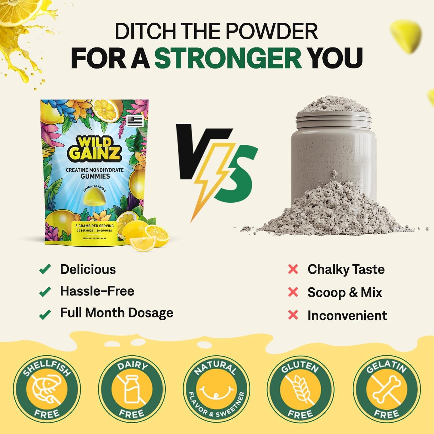 USA-Made WILD GAINZ Creatine Monohydrate Gummies 5g - Vegan Muscle & Cognitive Support Chews - Gluten-Free, Non-GMO - 150 Count - Espot.com.au
