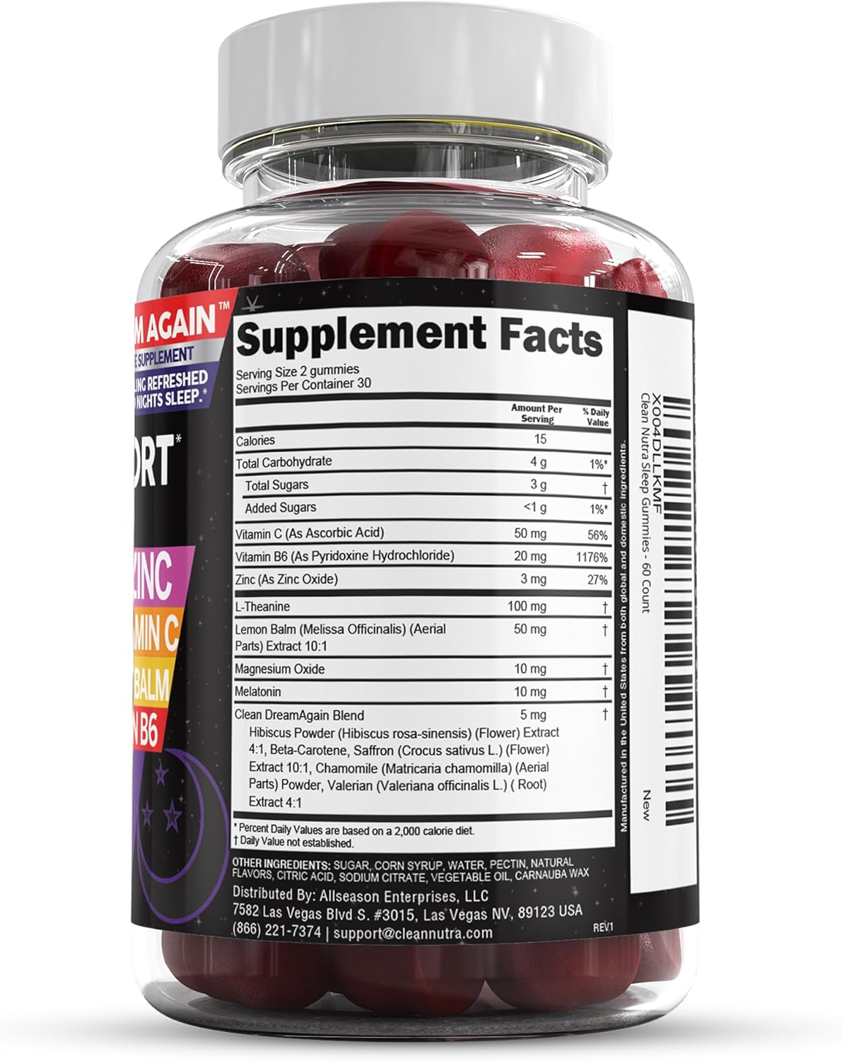 Clean Nutra Dream Again Sleep Aid Gummies with Melatonin, Valerian Root, L-Theanine, Vitamin B6, Lemon Balm, and More - Raspberry Flavored Rest Support Supplement - Espot.com.au