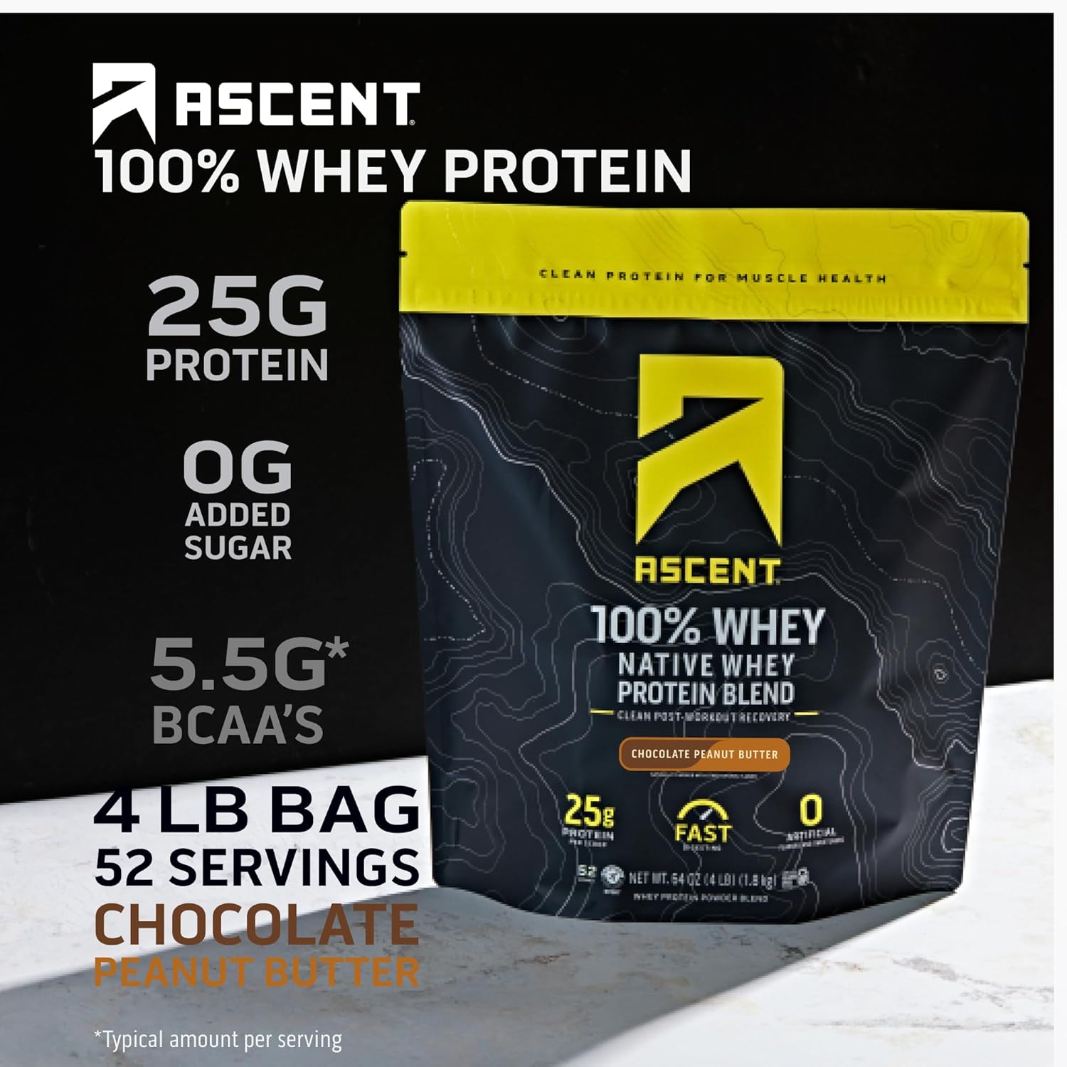Chocolate Peanut Butter Whey Protein Isolate Powder - 100% Ascent Post Workout Supplement with 5.5g BCAA, 2.6g Leucine, Essential Amino Acids, Gluten Free - 4 lb - Espot.com.au