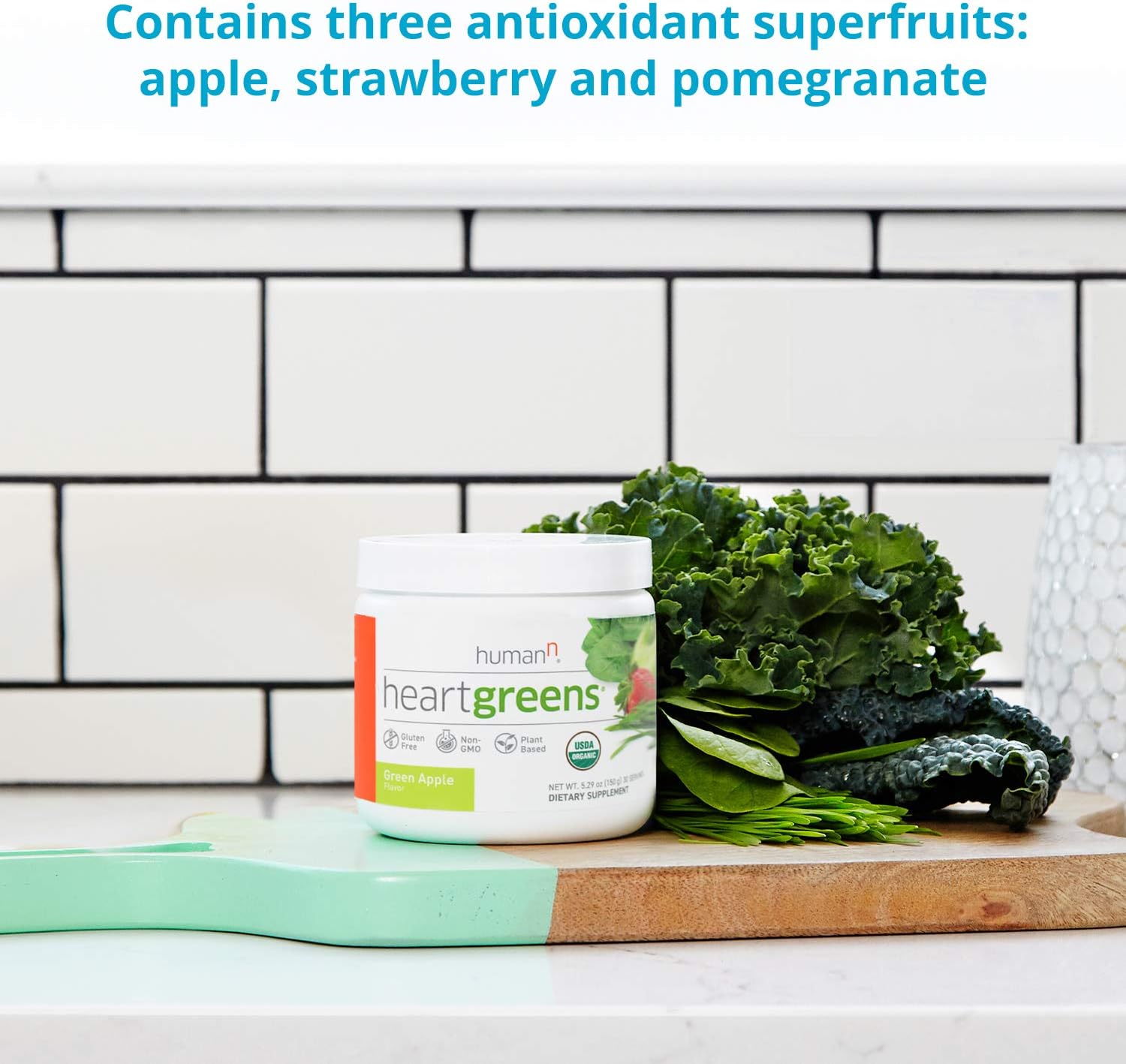 Organic HeartGreens Superfood Powder with Wheatgrass, Kale, Spinach, and Spirulina - USDA Organic Non-GMO, Green Apple Flavor - 5.29oz by humanN - Espot.com.au