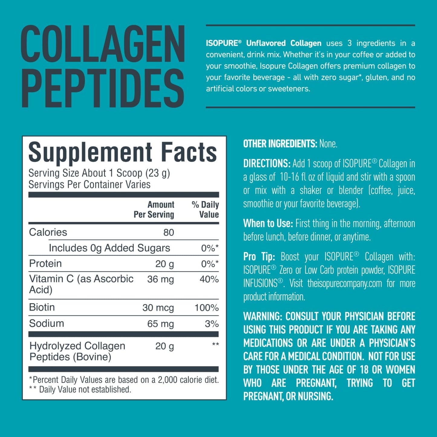 Isopure Collagen Peptides Powder with Vitamin C - Unflavored, 20g Per Serving - 11.36 Oz - Lactose & Gluten Free - 14 Servings - Espot.com.au