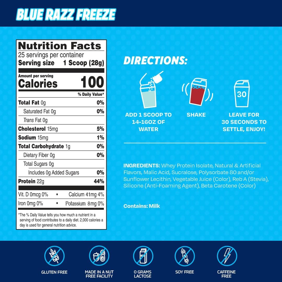 Blue Razz Freeze Clear Whey Isolate Protein Powder - 25 Servings, 22g Protein Per Serving, Sugar-Free, Keto-Friendly, Soy-Free Juice-Like Protein - Espot.com.au
