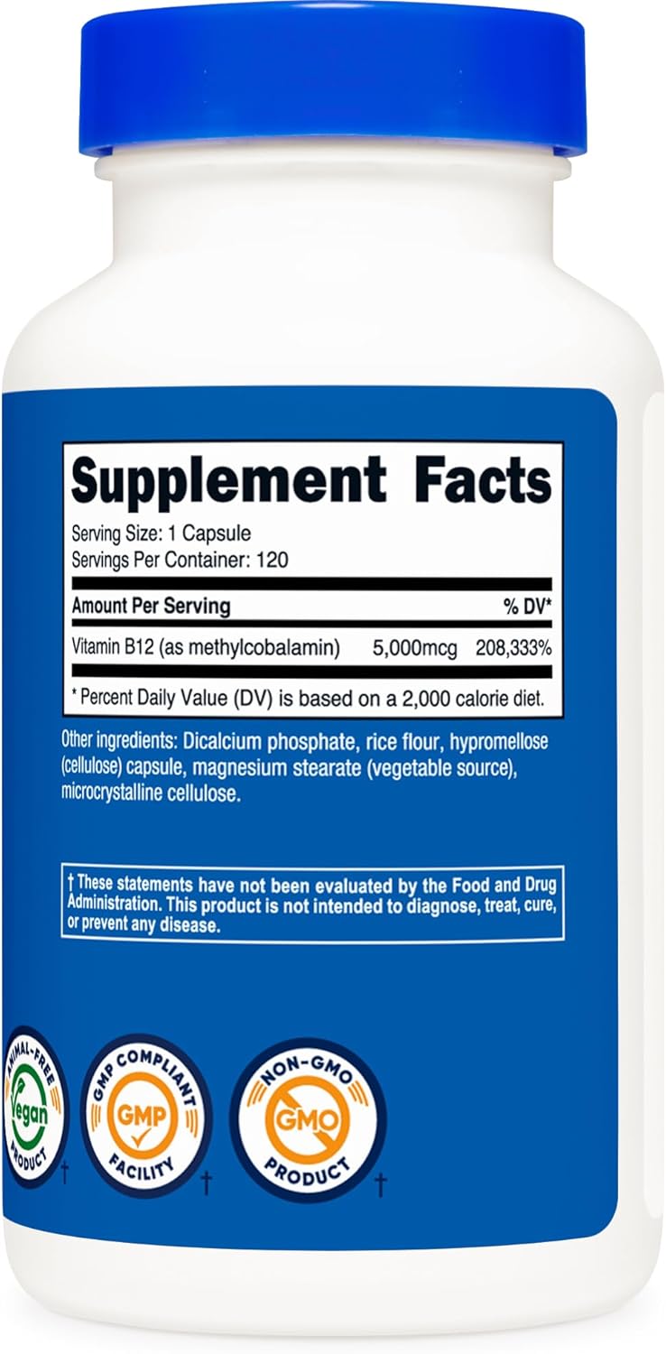 Nutricost Methylcobalamin Vitamin B12 5000mcg, 120 Capsules - Vegetarian, Non-GMO, Gluten-Free Supplement - Espot.com.au