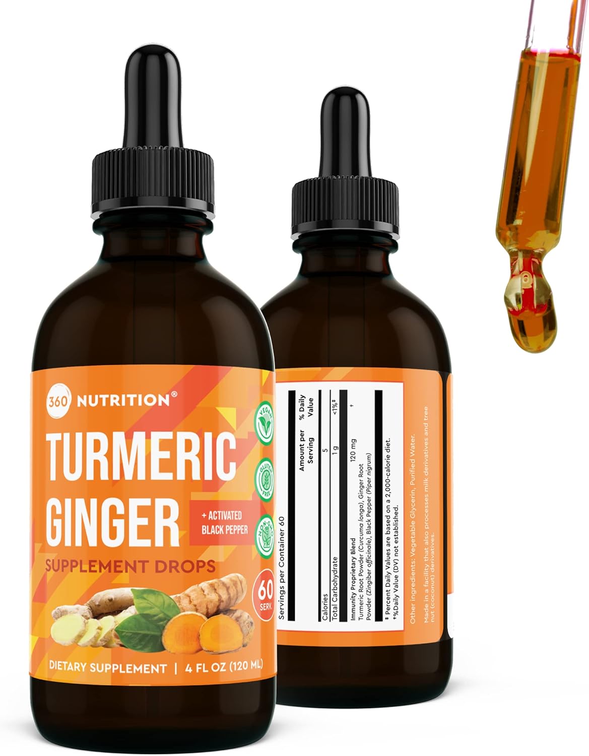 Vegan Turmeric and Ginger Supplement Drops with Black Pepper for Joint Support and Gut Health - 4 fl oz, 60 Servings - Keto-Friendly and Caffeine Free - Espot.com.au