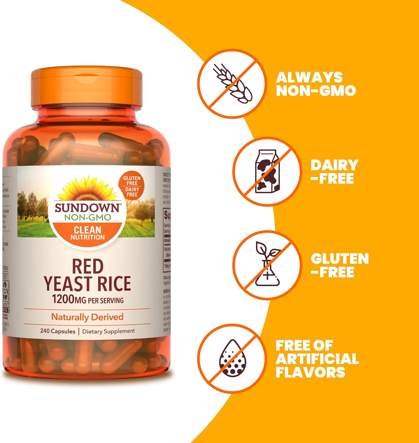 Sundown Red Yeast Rice 1200mg - 240 Capsules, Naturally Derived - Espot.com.au