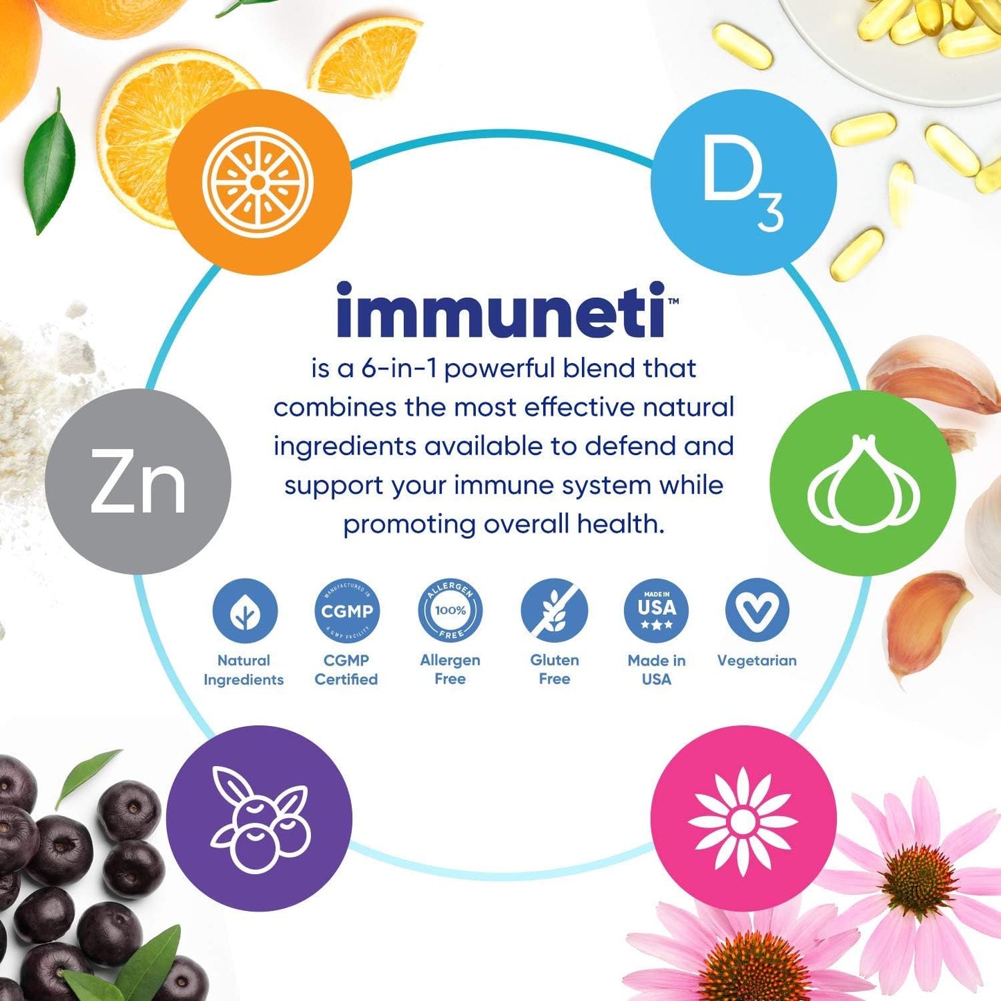 Immuneti Nutrition Immuneti - 6-in-1 Immune Defense Supplement with Vitamin C, D3, Zinc, Elderberries, Garlic, Echinacea - 3 Pack for Overall Health Support - Espot.com.au