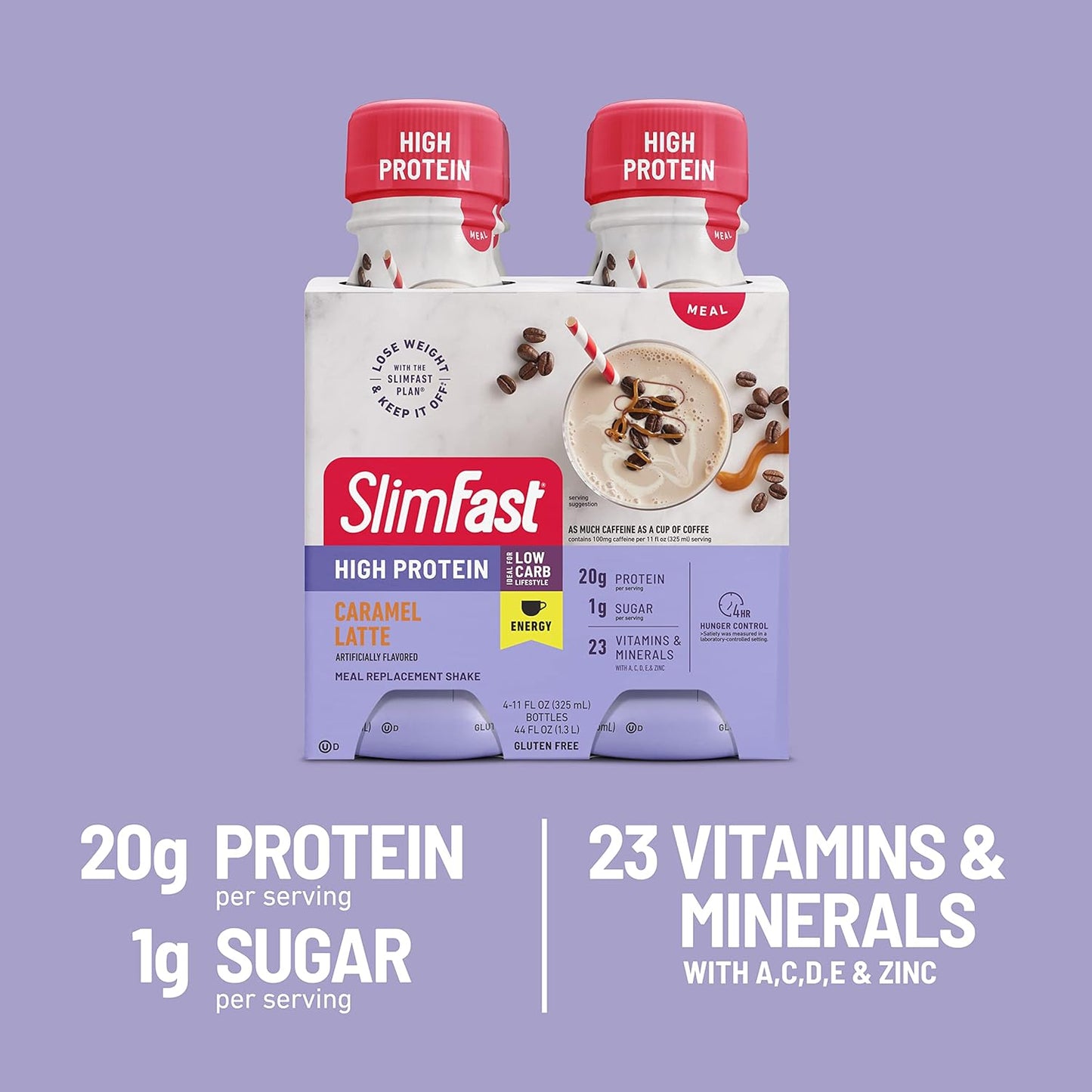 SlimFast Advanced Energy Caramel Latte Shake - High Protein Meal Replacement Drink - 4 Pack, 11 fl. oz. Bottles - Boost Energy and Weight Loss - On-the-Go Nutrition - Packaging May Vary - Espot.com.au