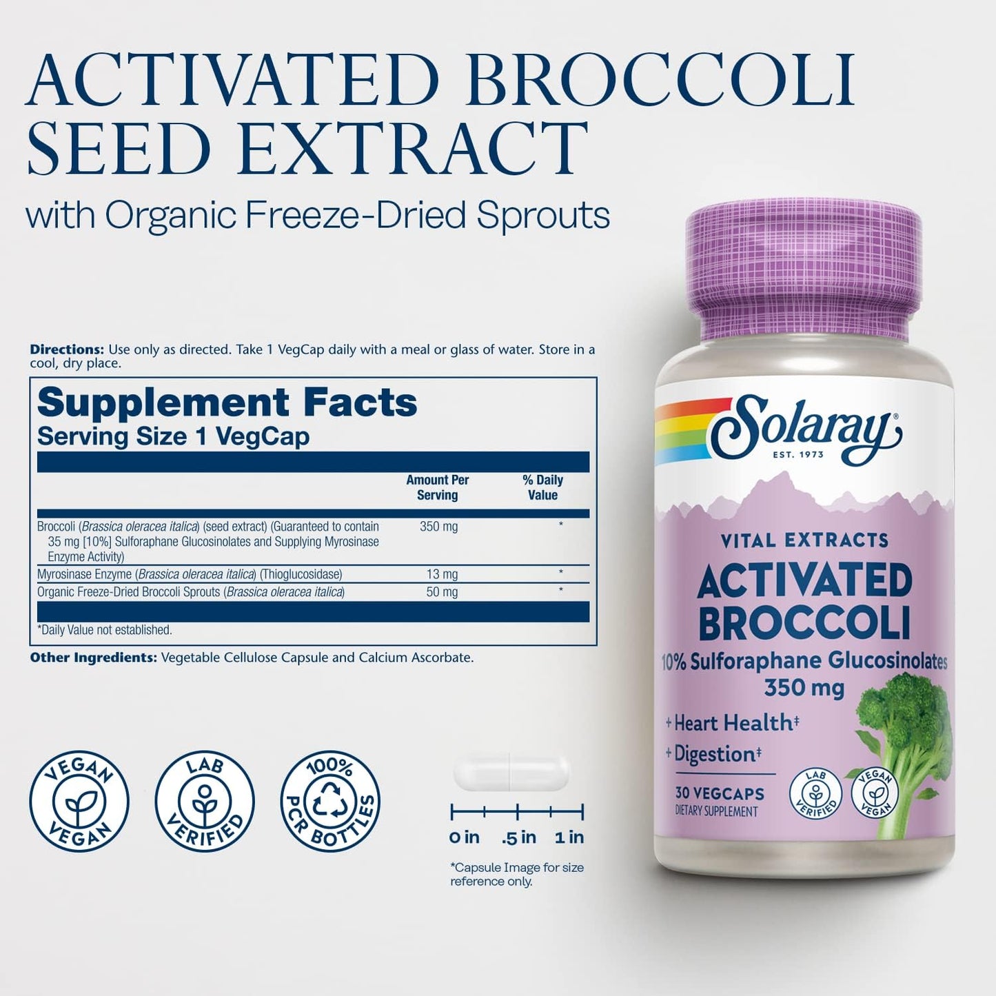 Solaray Broccoli Seed Extract 350mg - 10% Sulforaphane Glucosinolates, Antioxidant, Heart & Digestive Support - Vegan, Lab Verified - 30 Servings - Espot.com.au
