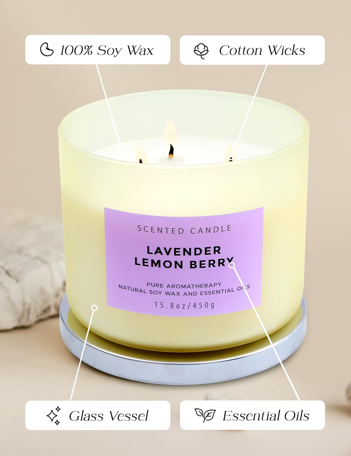 Lavender Lemon Berry Aromatherapy Candle for Stress Relief | 3 Wick Soy Candle 15.8 oz | Relaxing Scented Candle for Women & Men | Clean Burn, Long Lasting - Espot.com.au