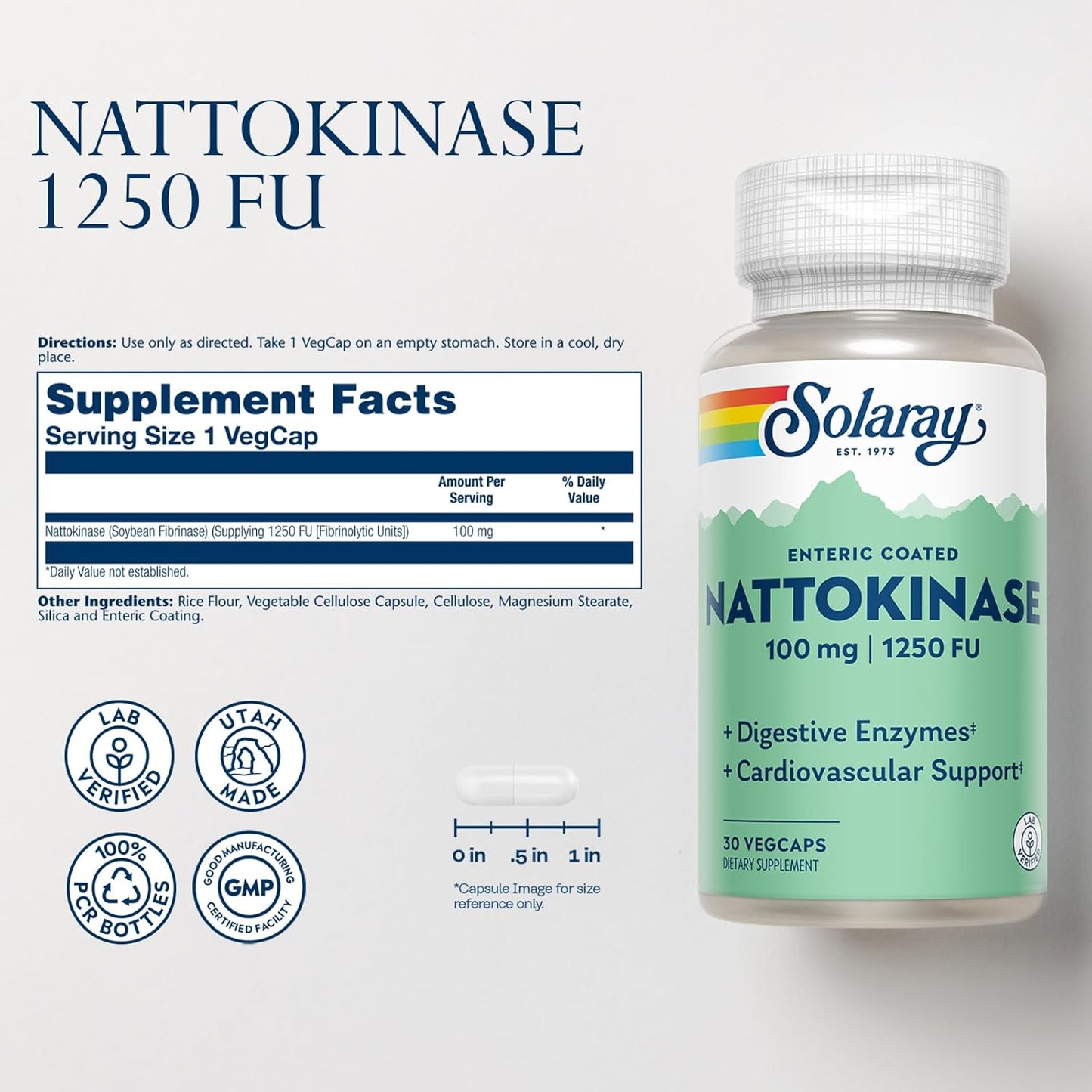 Solaray Nattokinase Supplement 100mg - 1,250 FU - Traditional Health Support - Lab Verified - 60-Day Guarantee - 30 VegCaps - Espot.com.au