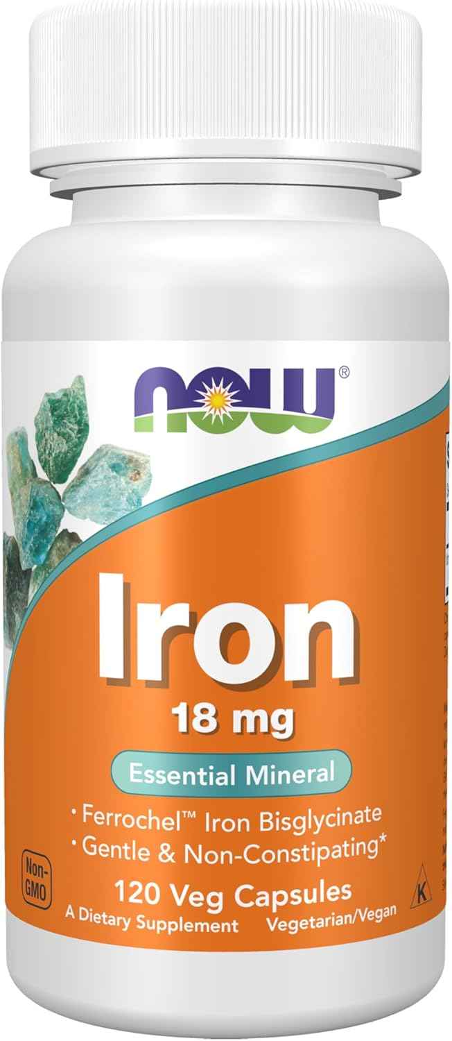 NOW Foods Iron 18 mg Supplement - Non-Constipating Veg Capsules - Essential Mineral Source - 120 Count