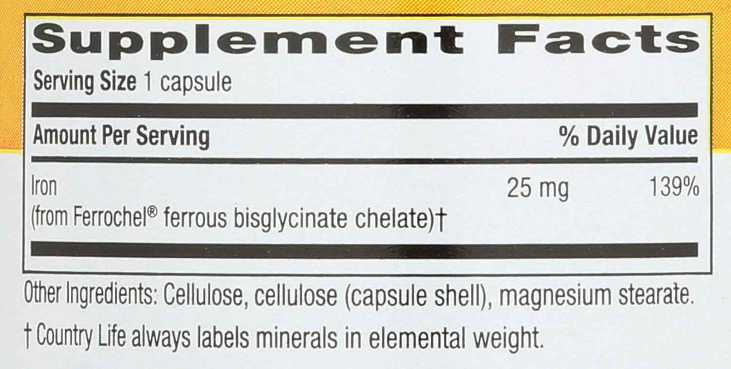 Country Life Easy Iron Capsules - 25mg Ferrochel Supplement for Women & Men - Non-Constipating Vegan Multivitamin for Energy Support