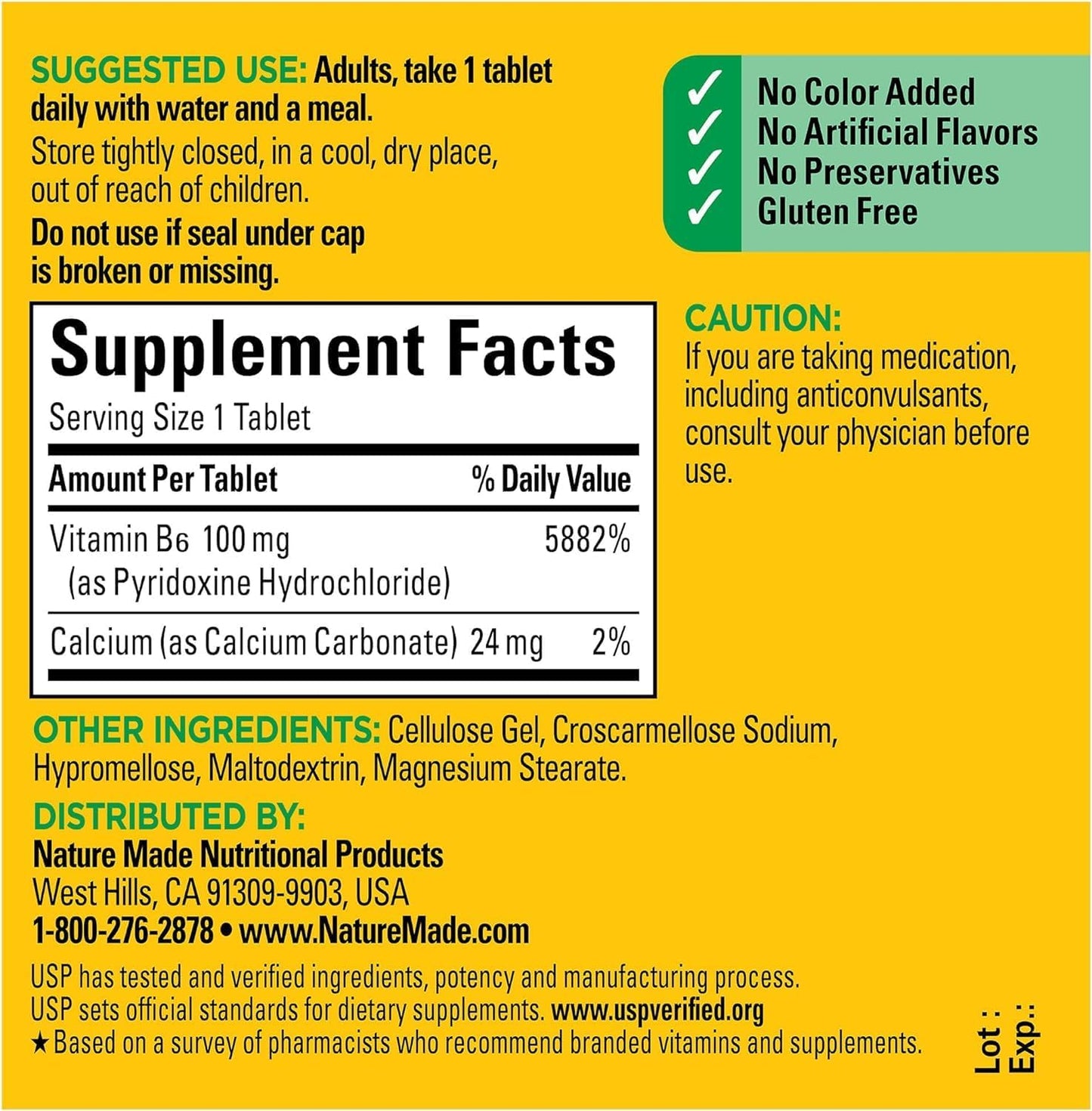 100ct Nature Made Vitamin B6 Tablets - 100mg Size - Espot.com.au