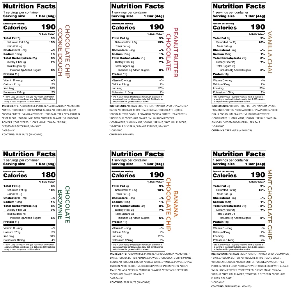 usa-made-organic-vegan-protein-bars-with-functional-mushrooms-adaptogens---sampler-pack-of-6-bars-1500mg-lions-mane-chaga-reishi-cordyceps-6