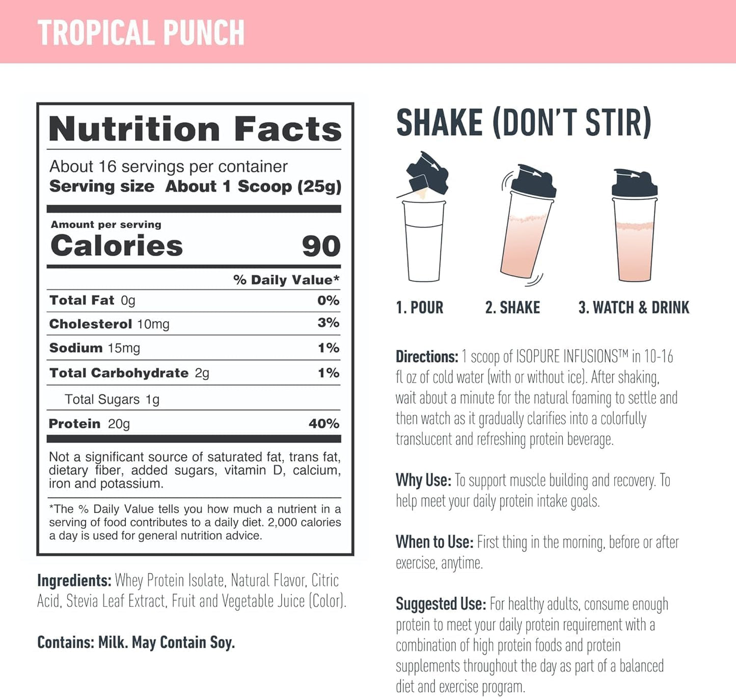 Clear Whey Isolate Protein Powder Infusions - Tropical Punch Flavor, 20g Protein, 14.1 Oz - Lactose & Gluten Free - Espot.com.au