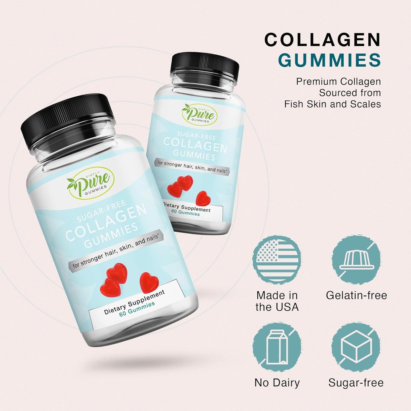 Sugar-Free Collagen Gummies for Hair, Skin & Nails Support - Pectin Supplements Chews for Men & Women - 60 Count - Espot.com.au